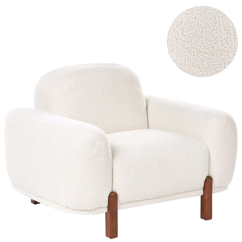 Poltrona bianca bouclé imbottita morbida moderna organica bassa curvilinea stile moderno