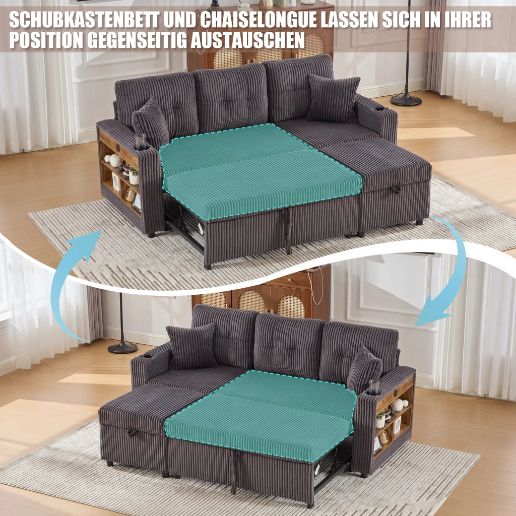 DIVANO letto estraibile 196 cm grigio scuro in corduroy con USB-C e LED