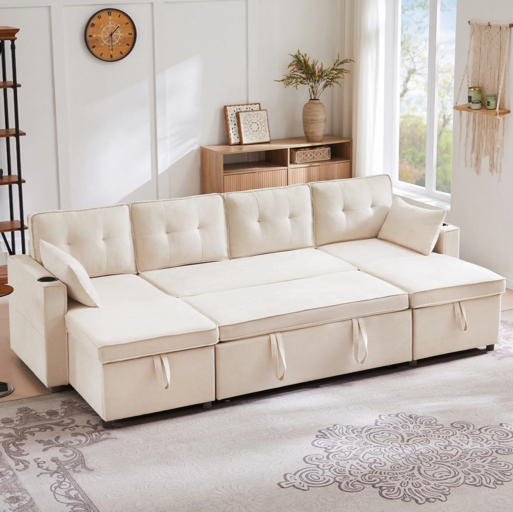 Divano letto a U 4 posti beige effetto lino con contenitori, portabicchieri e cuscini inclusi