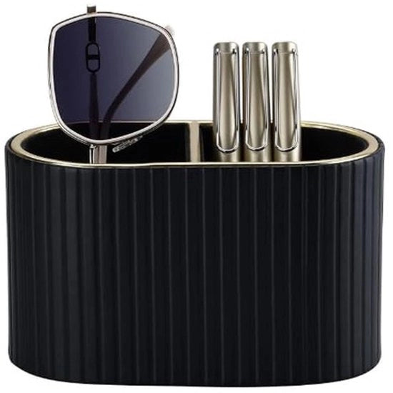 Organizzatore per penne, contenitore ovale per penne, ufficio, contenitore per penne con 2 cassette, materiale PU, organizzatore per ufficio, penne per ufficio, scuola, casa (nero)
