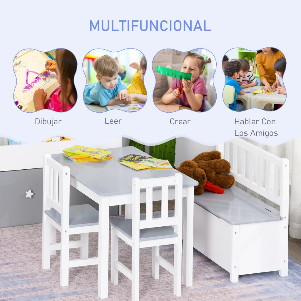 Tavolo bambini con sedie e panchina ¨C zephmum ¨C grigio e bianco 90x50x45