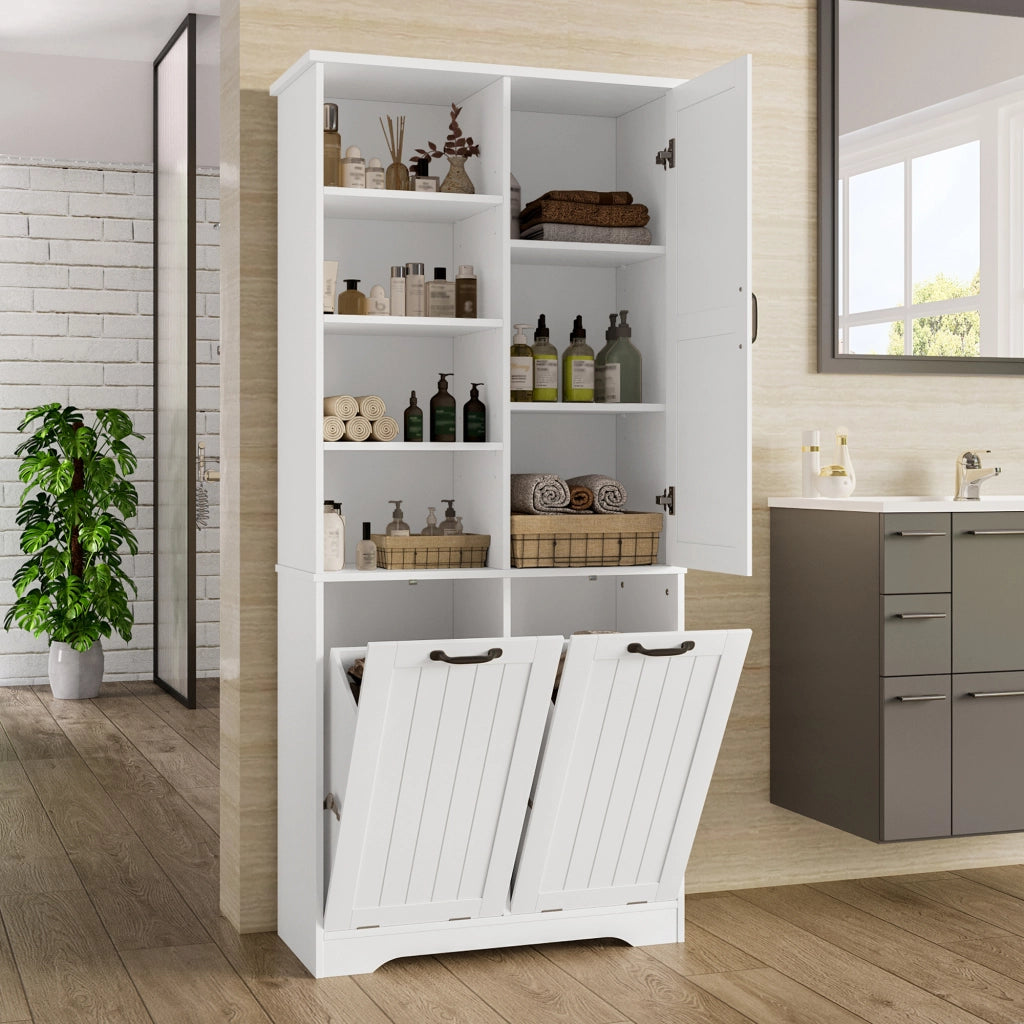 Armadietto da bagno in MDF con 2 cesti portabiancheria, 1 porta e ripiani regolabili, bianco, 78 × 35 × 172,7 cm