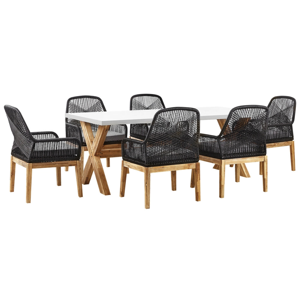 Set da esterno con tavolo in fibra di cemento grigio e 6 sedie in vimini stile moderno industriale