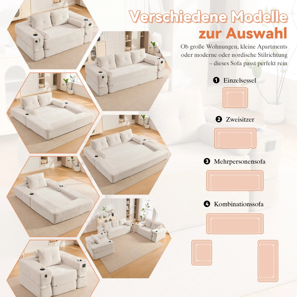 Divano letto modulare con tasche portabicchieri braccioli rimovibili e cuscini in memory in velluto a coste beige