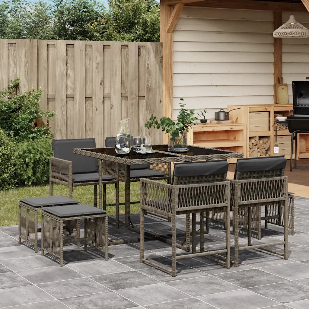Set da Pranzo da Giardino 9 pz | Set Salotto da Giardino con Cuscini in Polyrattan Grigio