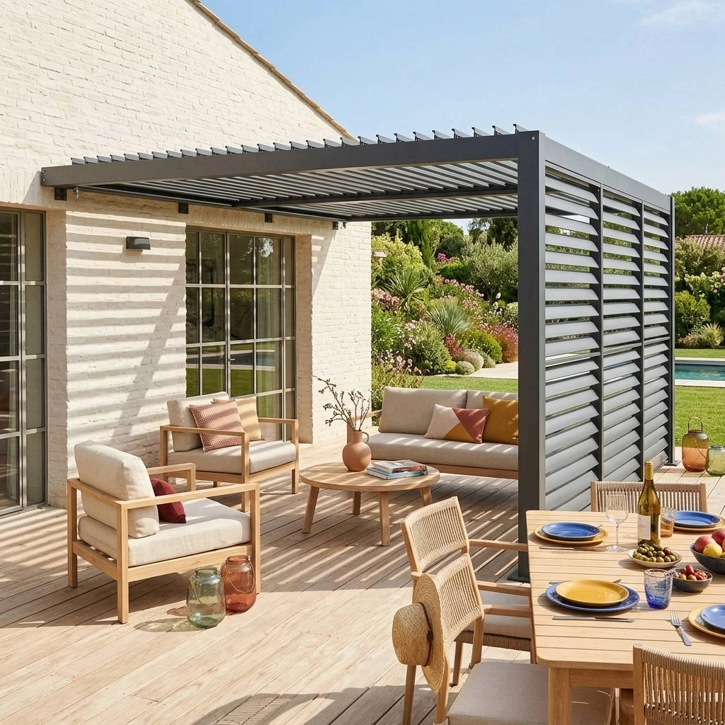 Pergola bioclimatica in alluminio addossata 4x3m + 3 persiane 130cm