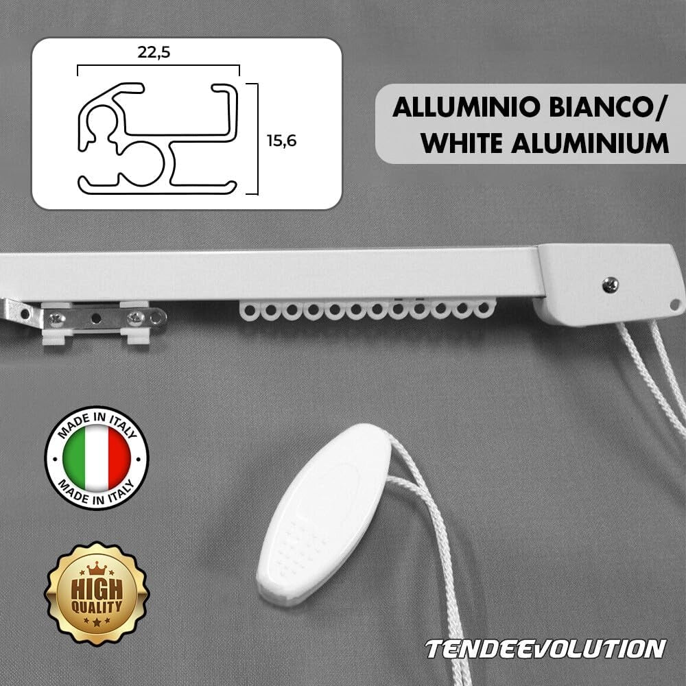 Binario Scorritenda Lineare da Parete in Alluminio Bianco con Movimento a Corda Apertura Centrale - Riloga Bastone per Tenda 260cm