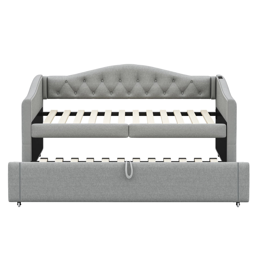 Letto imbottito 90x200 cm multifunzionale con USB in lino grigio