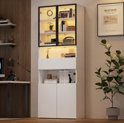 VETRINA 70x30x200 cm con LED, cassetto e ante in vetro bianca