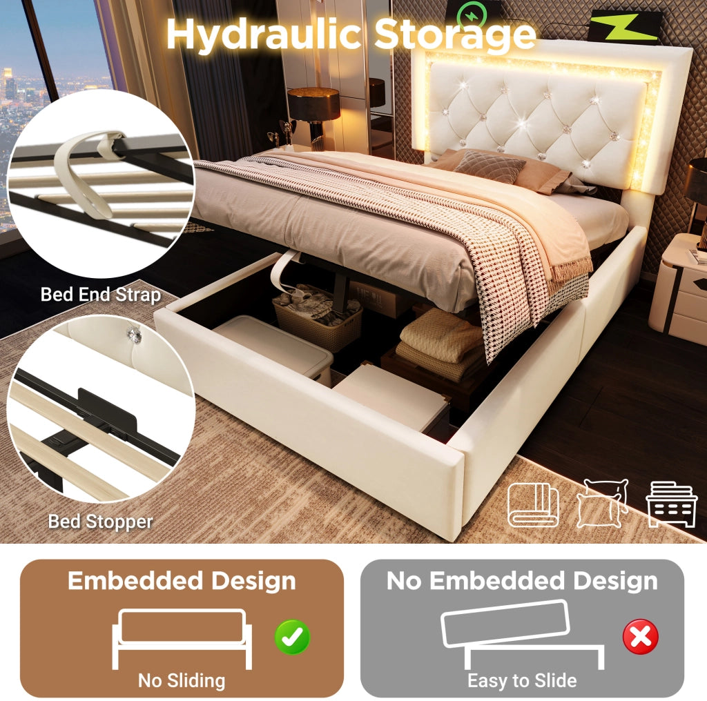 Letto singolo imbottito ULEVR 90x200 cm con contenitore idraulico, LED, USB e Type-C, velluto beige