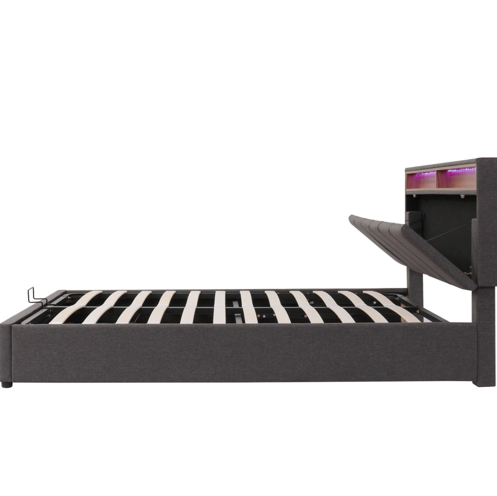 Letto imbottito 140x200 cm grigio con LED e vano contenitore
