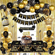 Decorazione di Compleanno Nero e Oro per Uomo Donna - Bandiera di Compleanno Drappeggio di Corona Tavola Coperta Fendina di Pompon