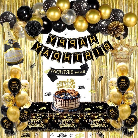 Decorazione di Compleanno Nero e Oro per Uomo Donna - Bandiera di Compleanno Drappeggio di Corona Tavola Coperta Fendina di Pompon