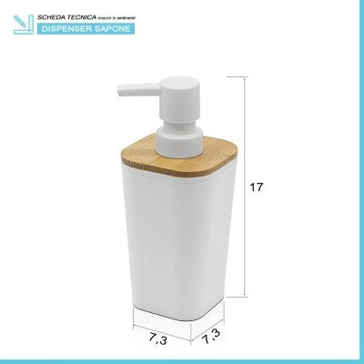 Dispenser sapone in finitura bianca opaca con dettagli in bambù