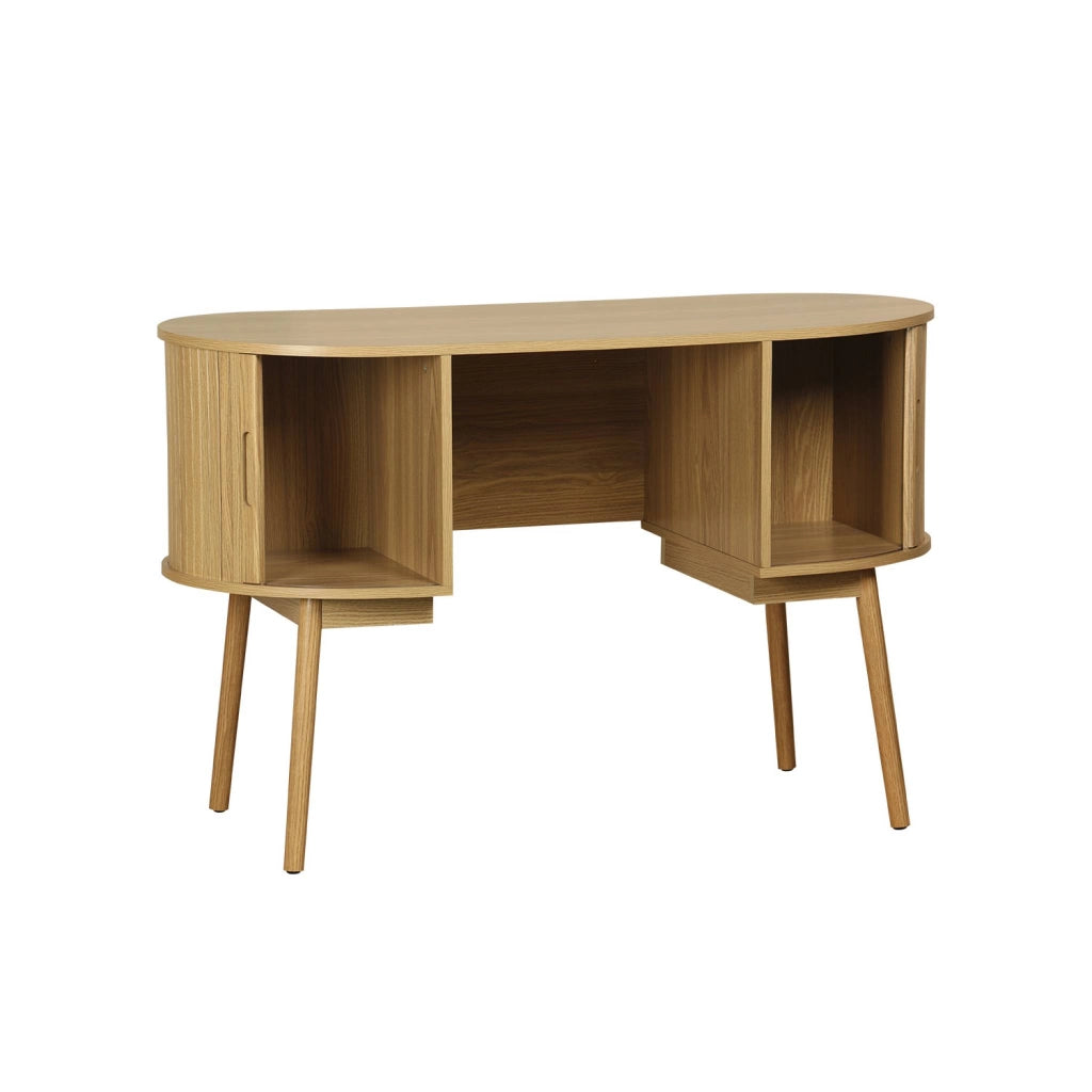 Scrivania ovale con effetto legno scanalato e due vani portaoggetti,