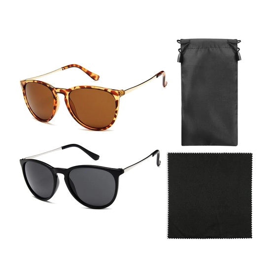 Ombrellone Retro - Occhiali da Sole Polarizzati - Occhiali da Sole Donna - Occhiale da Sole a Cerchio - Nero/Leopardo - Incluso Panno per Occhiali e Borsa - Occhiali da Sole