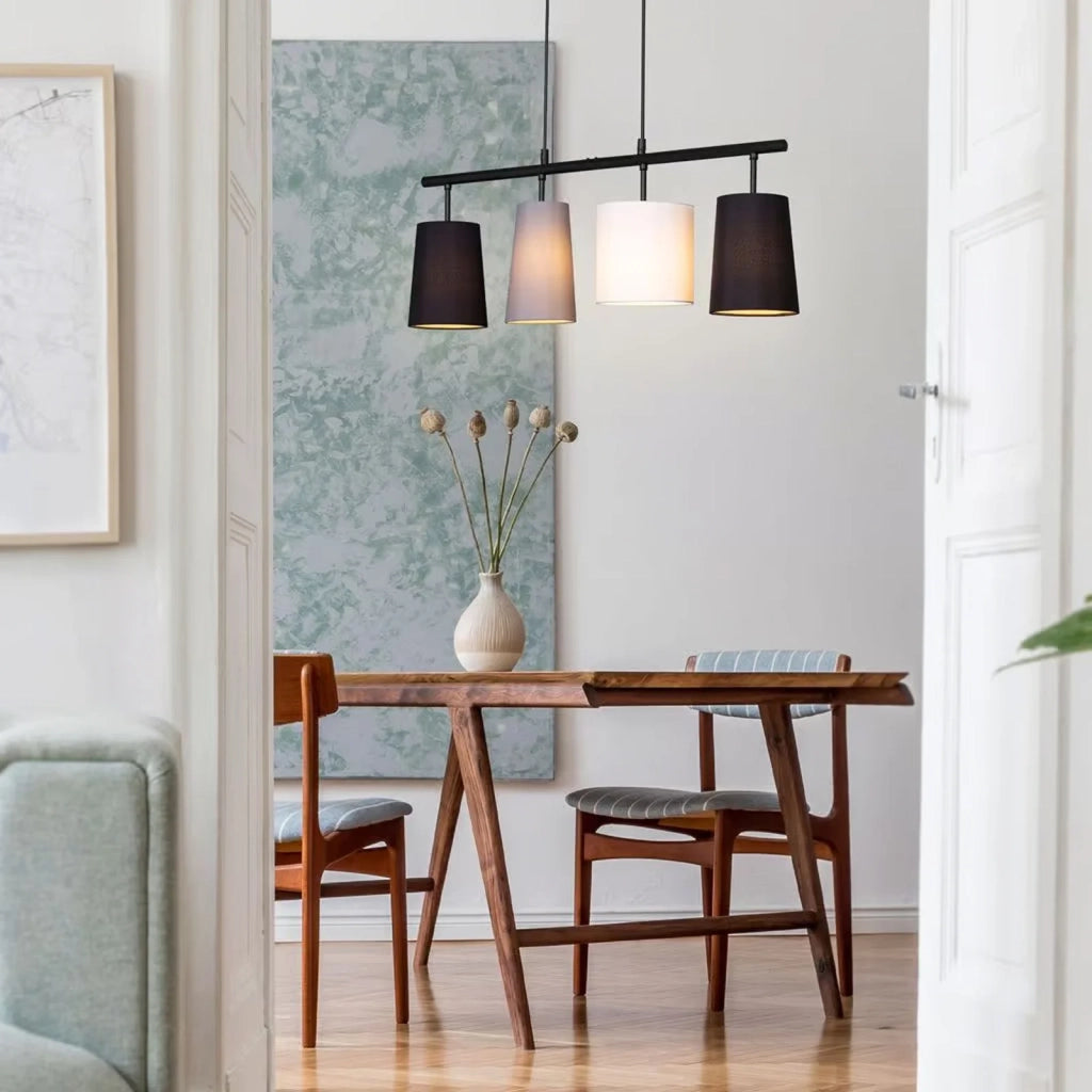 Lampadario Contemporaneo Textile Metallo Nero Paralume Tessuto 4 Luci E27