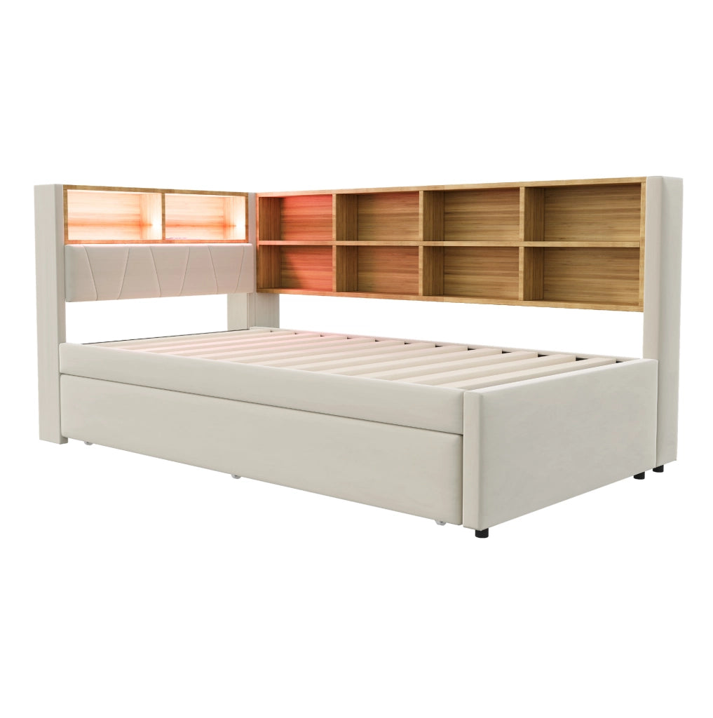 Divano letto multifunzione 90x200 cm con letto estraibile 90x190 cm; LED; USB; beige