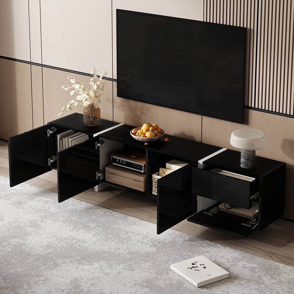 Mobile TV LED - Xylo - Nero lucido/piedi bianchi con striscia luminosa