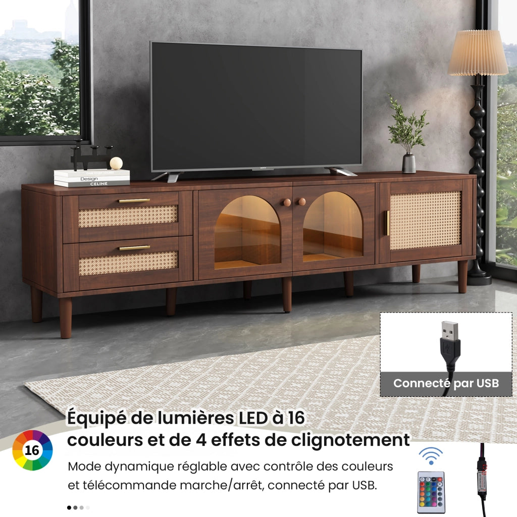 Mobile TV con 3 Ante; 2 Cassetti in Rattan e LED; Ante in Vetro; Stile Naturale; 180¡Á40¡Á50 cm; in Truciolare; Marrone