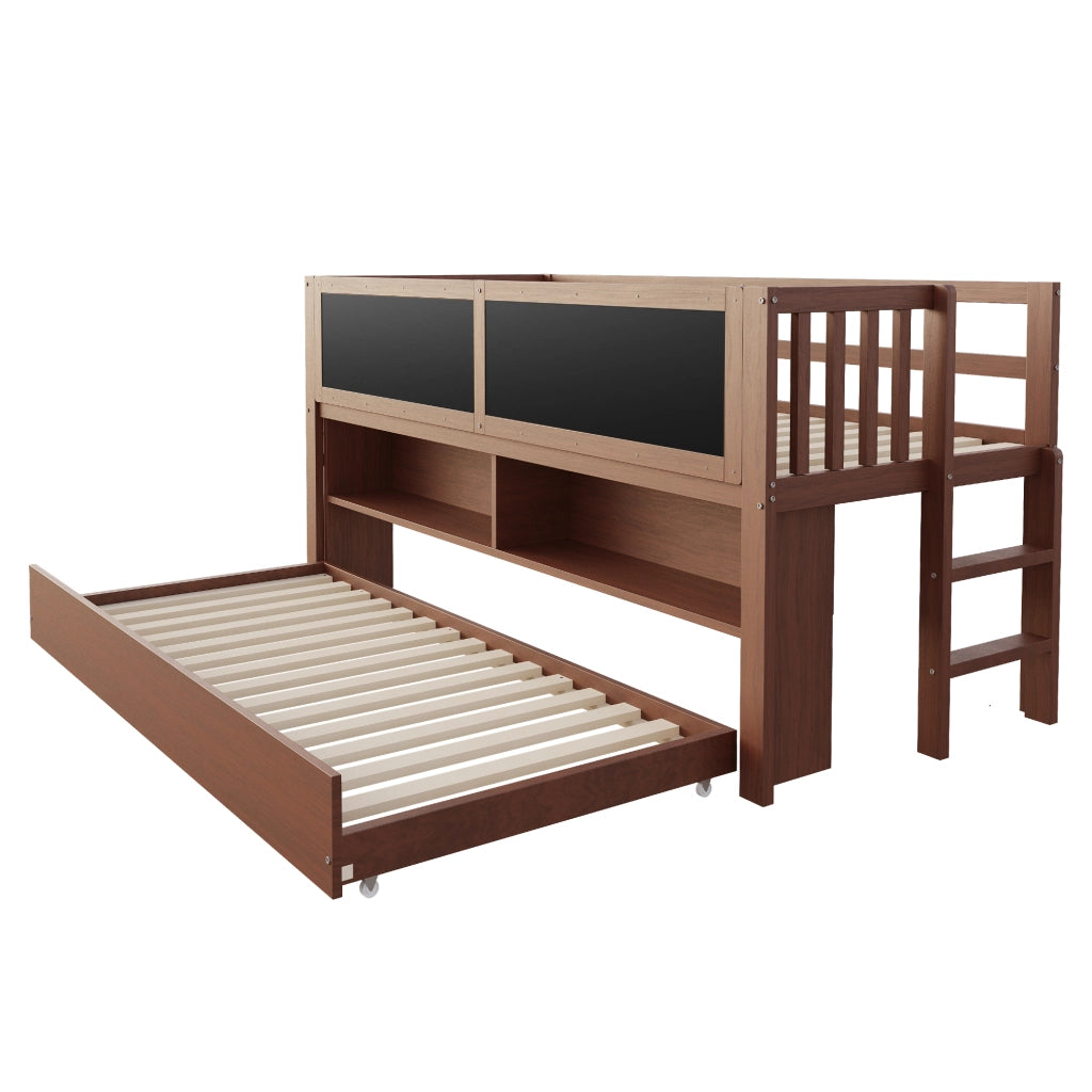 Letto a soppalco per bambini 90x200 cm con letto estraibile, lavagna laterale e vani aperti, in legno, marrone
