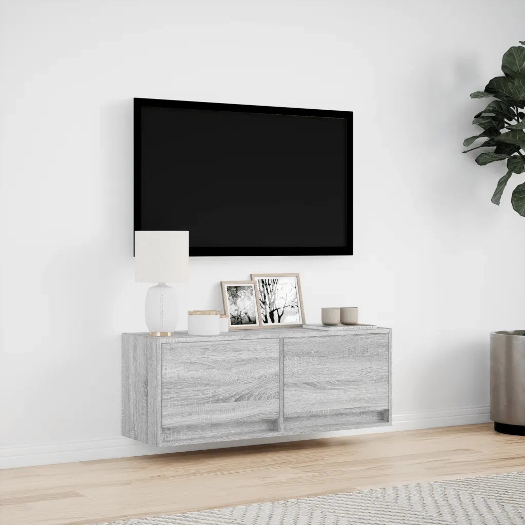 Mobile TV a Parete con Luci LED Grigio Sonoma 100x31x35 cm