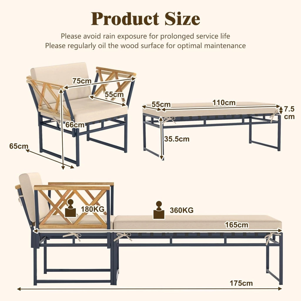 Set di 2 mobili da balcone, sdraio modulare con cuscino, poltrona e pouf, sdraio da giardino per 1-3 persone, per piscina, giardino, cortile, terrazza, 75 x 175 x 66 cm