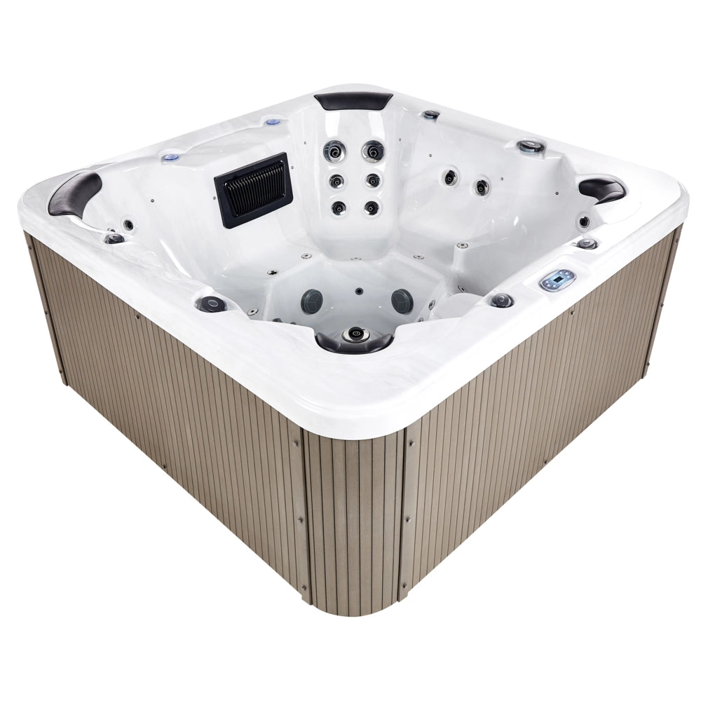 Vasca idromassaggio in acrilico bianco 225 x 225 cm 55 getti pannelli esterni marroni con riscaldamento a LED