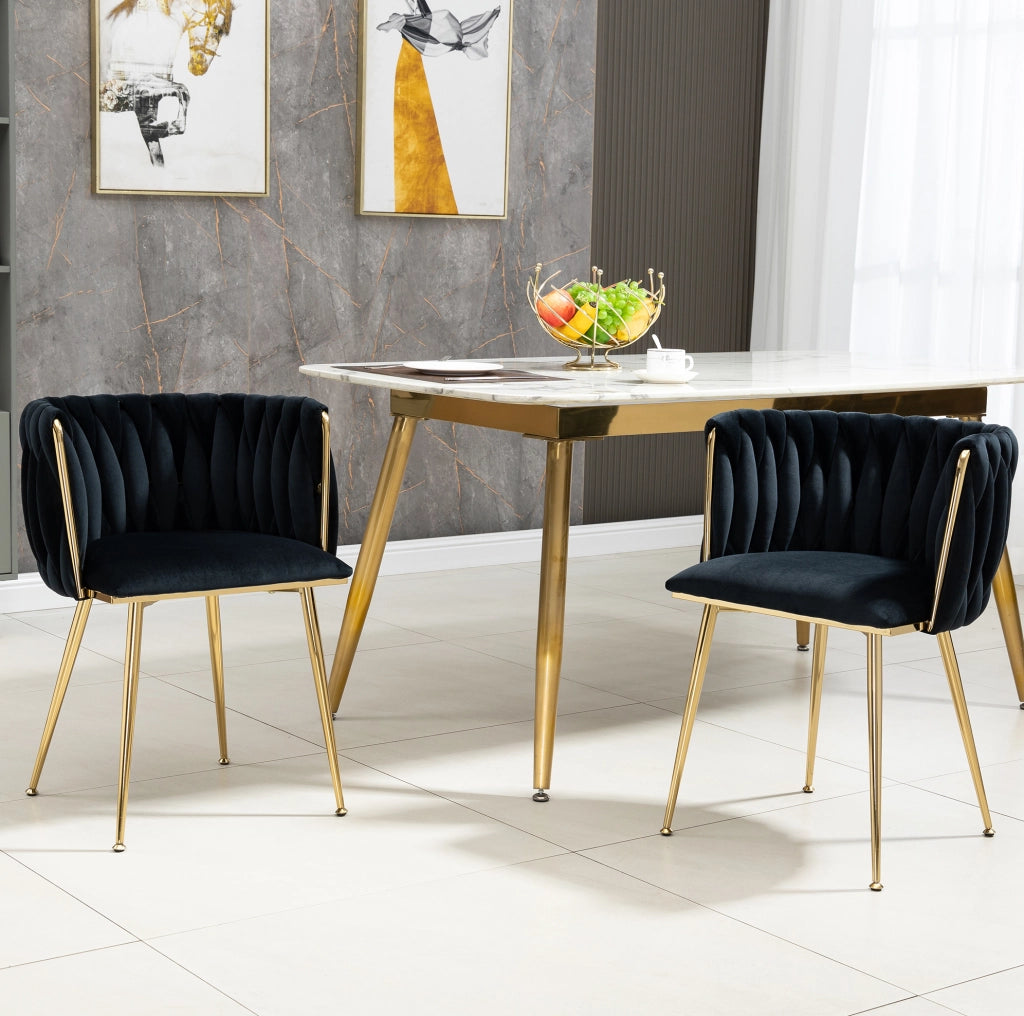 Sedia da pranzo in velluto nero con schienale intrecciato e gambe in metallo; 55;5 x 41 x 74 cm
