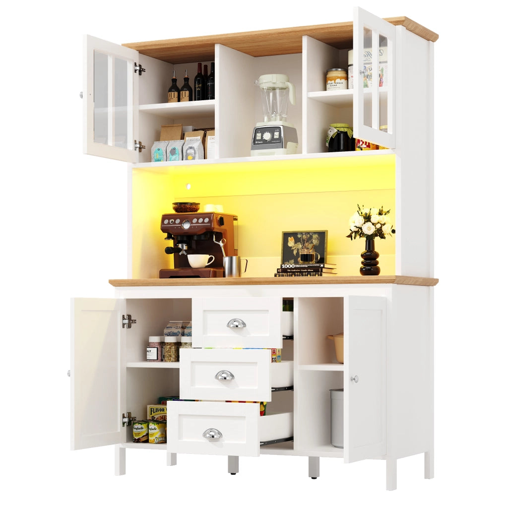 Credenza Alta da Cucina con 4 Ante 3 Cassetti 1 Vano Aperto e LED per Cucina in MDF 120 x 40 x 179 cm Bianco