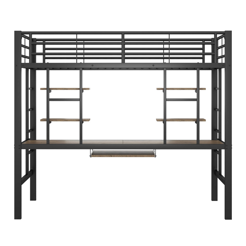 Letto a soppalco in metallo con scrivania e libreria, 90x200 cm, nero