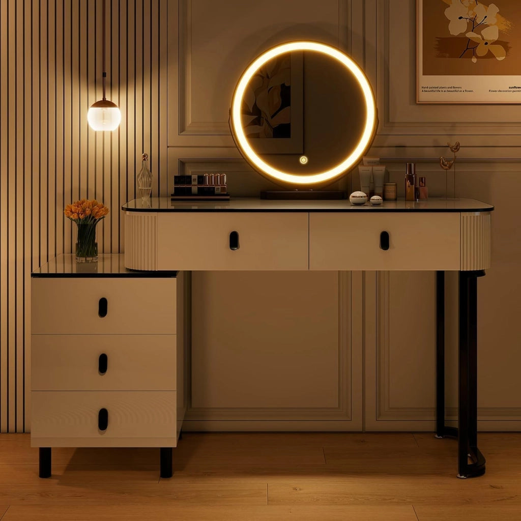 Toeletta da Trucco con Luci, Tocador de Maquillaje, Tavolo da Trucco con 5 Cassetti in Legno Massiccio, Montaggio Flessibile, 100x40x125 cm, Moderno, Bianco+Nero