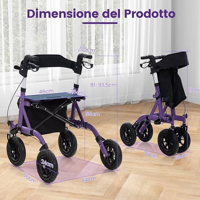 Deambulatore con Seduta 2 in 1, Rollator Pieghevole per Anziani con 4 Ruote, Maniglie Regolabili in Altezza 81-94cm, Portaombrelloni e Borsa Portaoggetti, Carico Massimo 160 kg (Viola)
