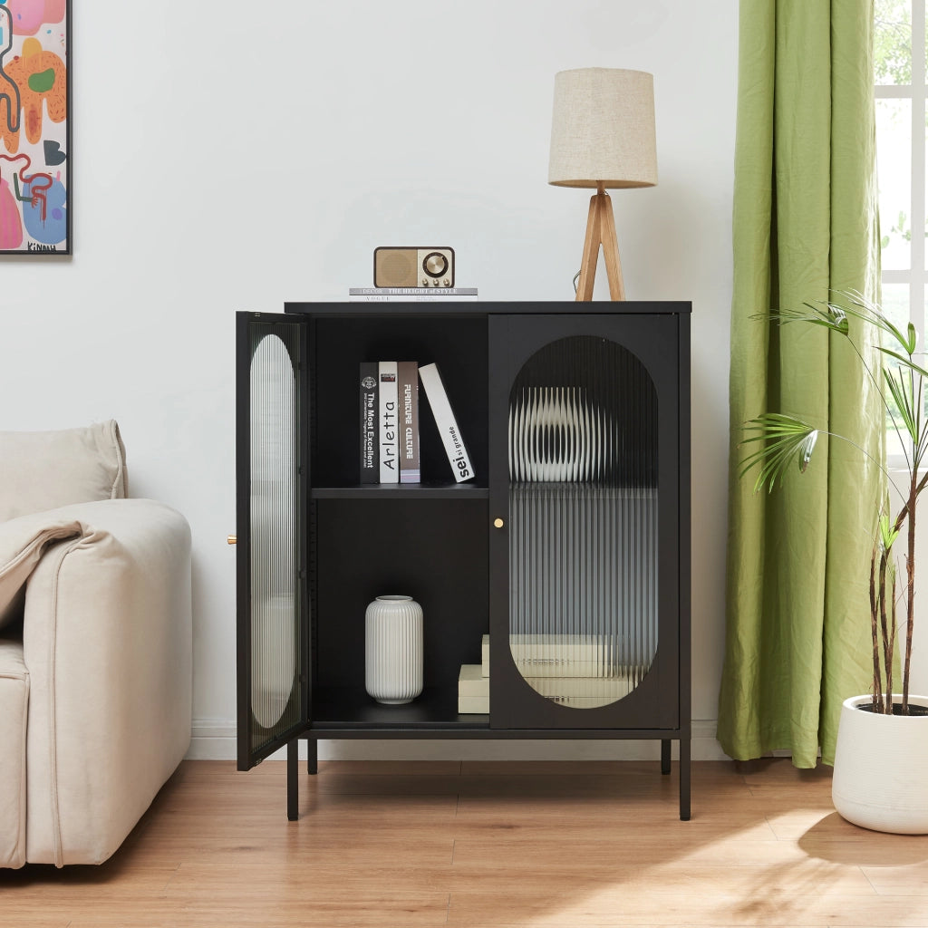 Armadietto Karlskrona in Acciaio con Ante in Vetro 102x80x40 cm Nero [en.casa]