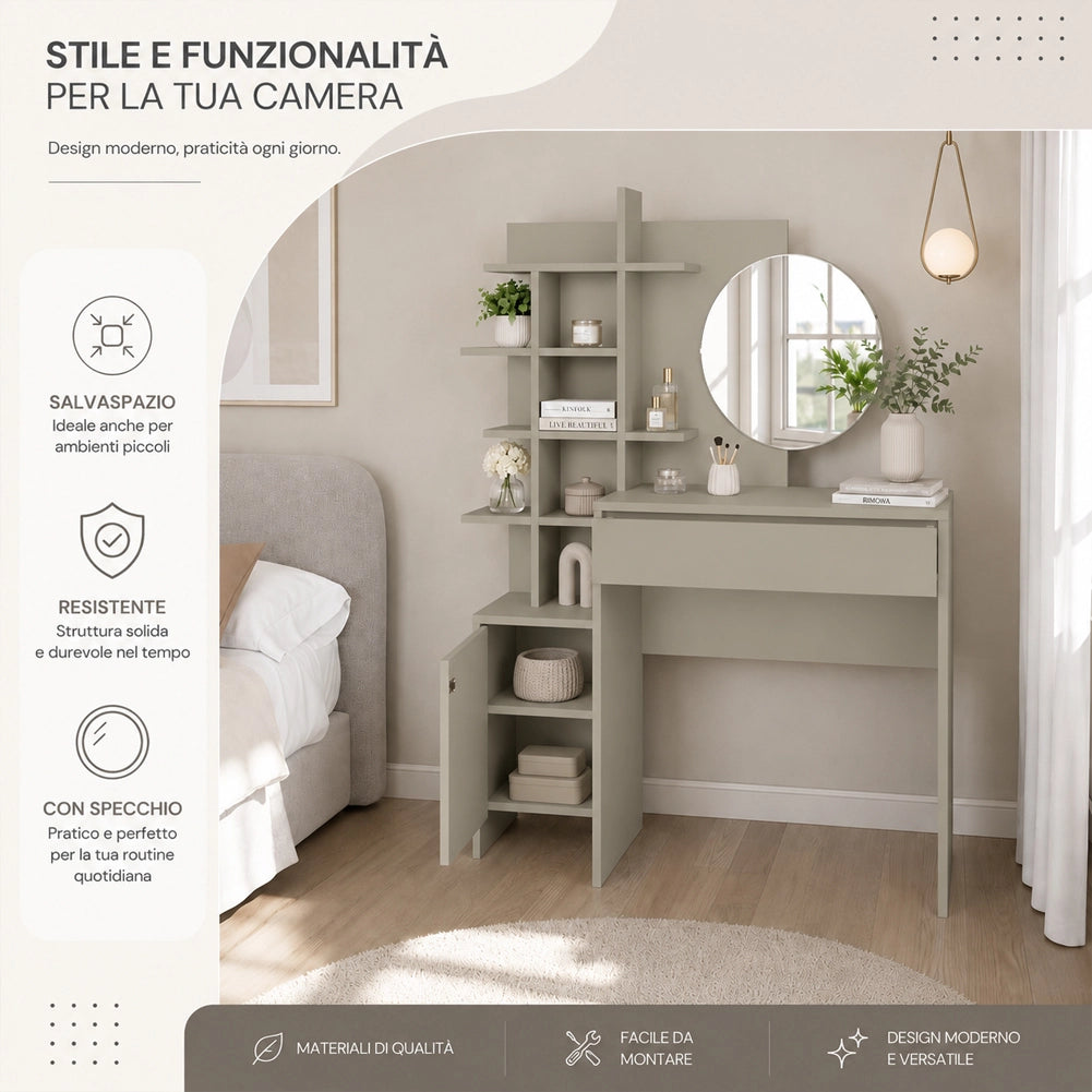 Postazione Make Up con Specchio Rotondo Sabbia Tolette con Mensole 105x35x151 cm