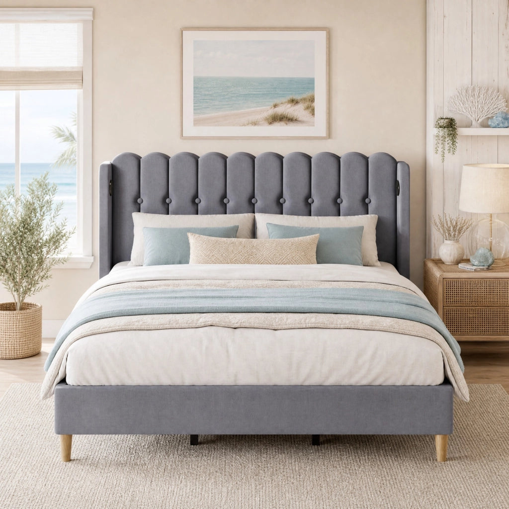 Letto matrimoniale imbottito 180x200 cm in lino grigio con USB e USB-C