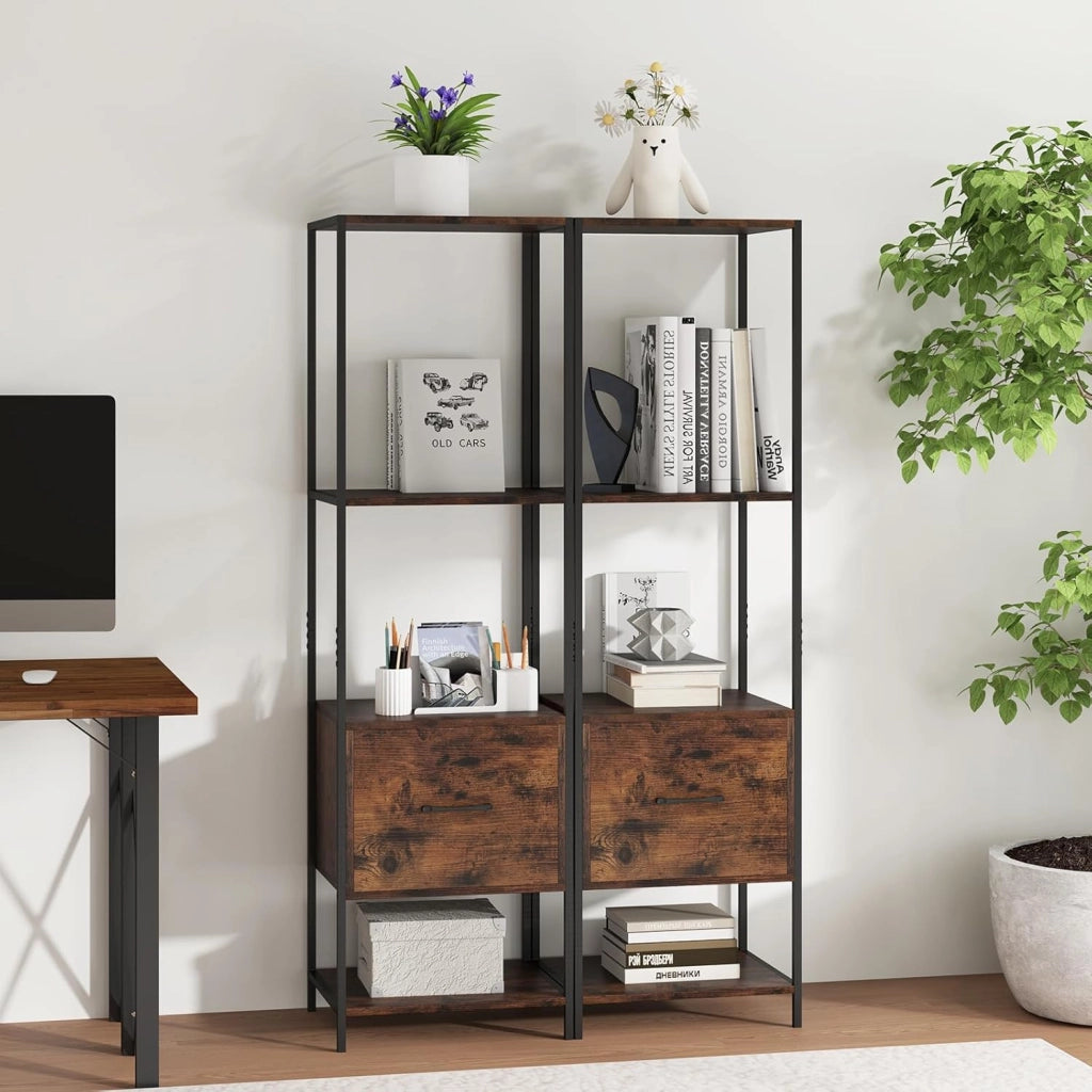Libreria a 5 Ripiani con Cassetto, Scaffale di Stoccaggio con Struttura in Metallo e Kit Antiribaltamento, Unità Espositiva Autoportante per Camera da Letto Soggiorno, 45x35x160 cm (Marrone)