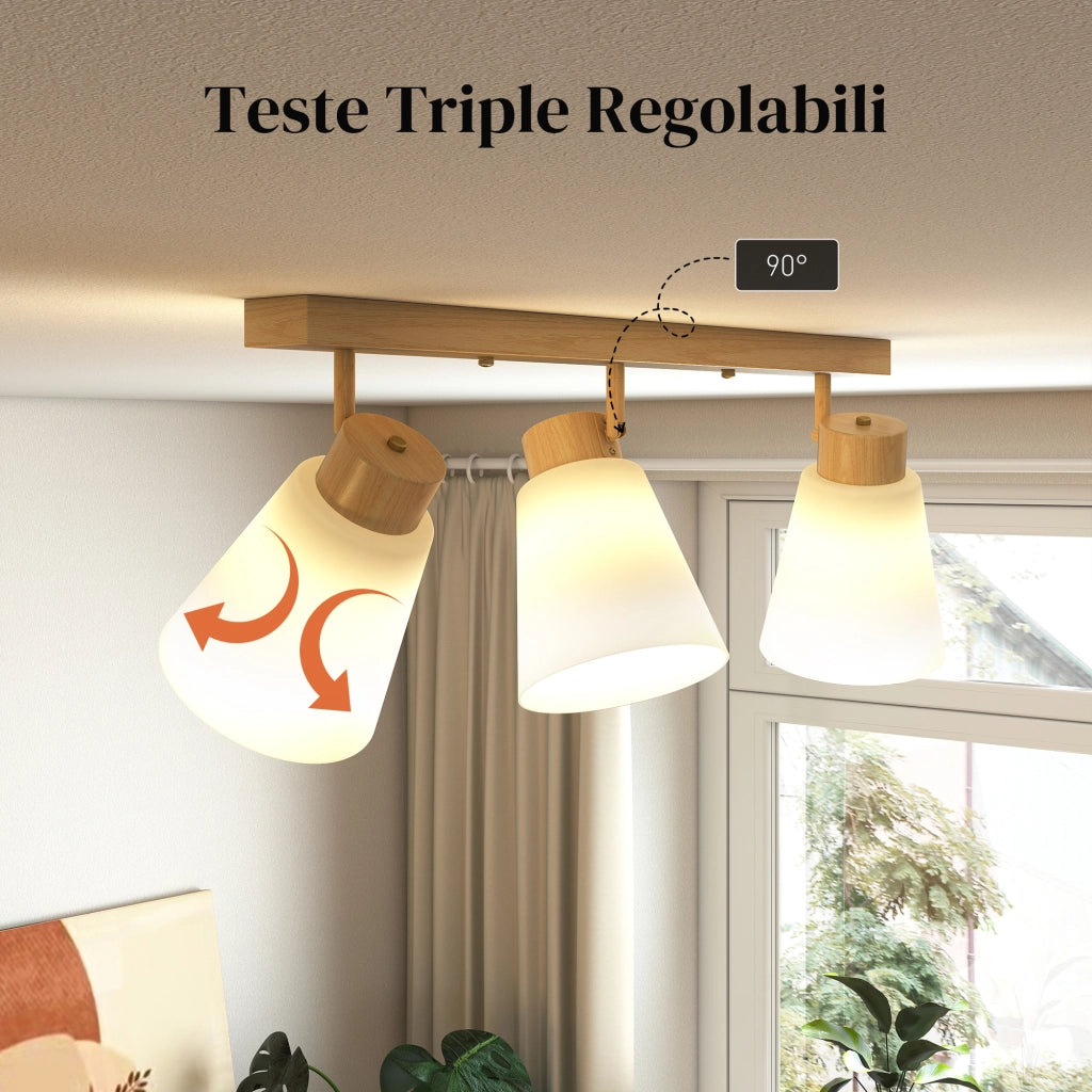 Lampadario da Soffitto con 3 Punti Luce Regolabili a 90° e Attacchi E27 in Acciaio e Vetro Color Legno