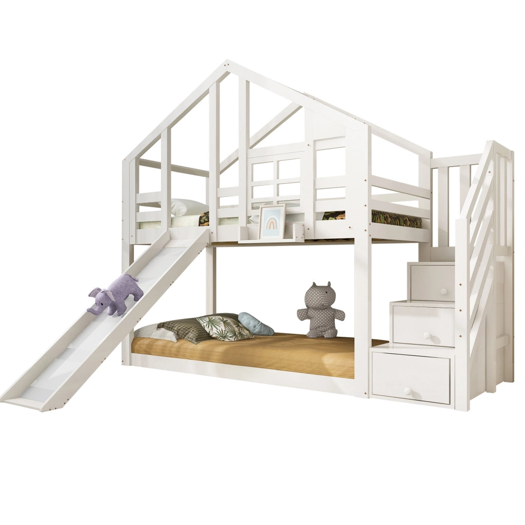 Letto a castello per bambini 90x200 cm in legno massello e MDF, bianco, con scivolo e contenitore