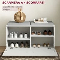 Set Mobili da Ingresso con Appendiabiti, Specchio, Panca con Cuscini e Scarpiera per 8 Paia di Scarpe, Bianco