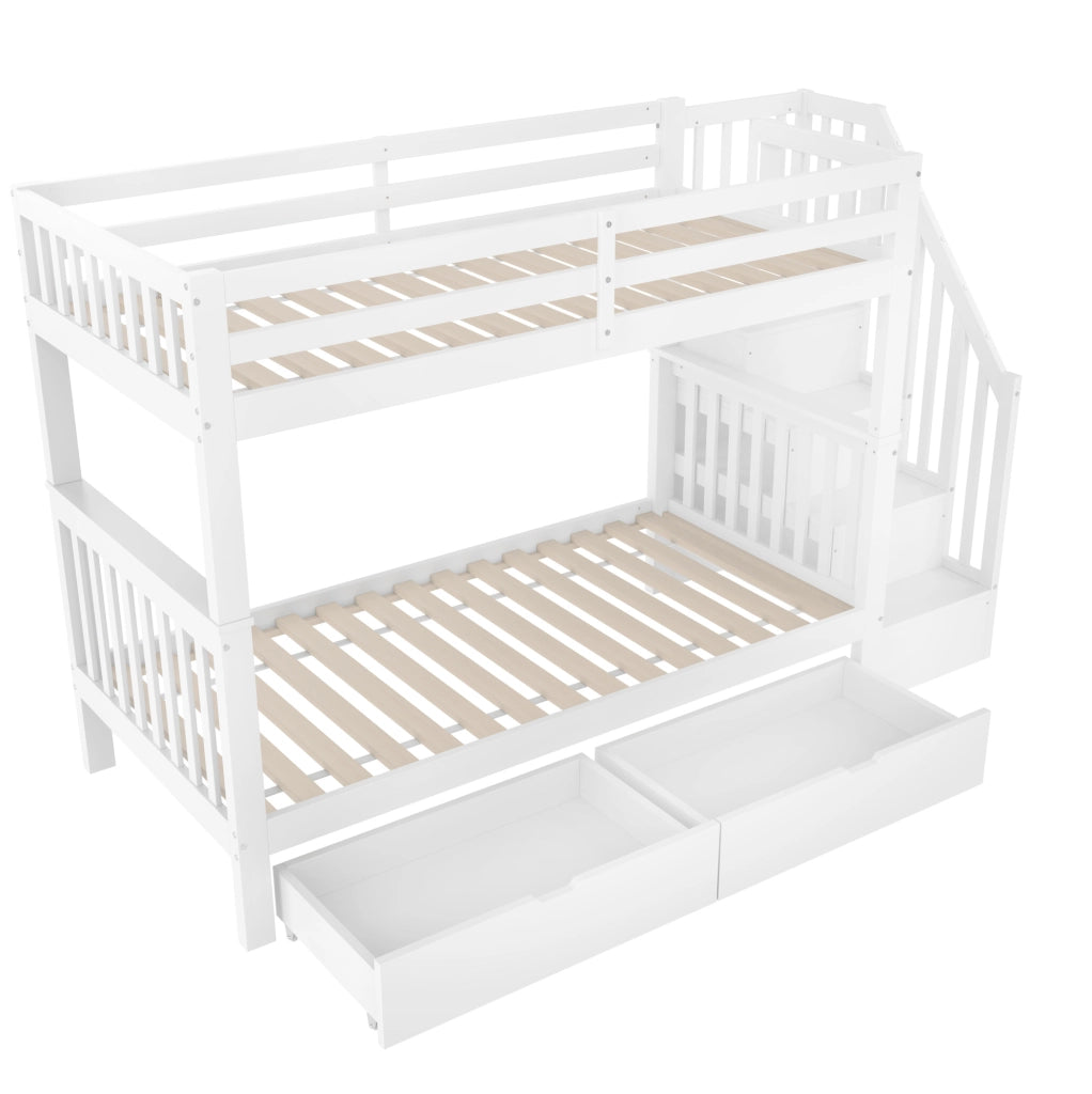 Letto a castello 90x200 cm con scala contenitore; 2 cassetti; sponde alte; bianco