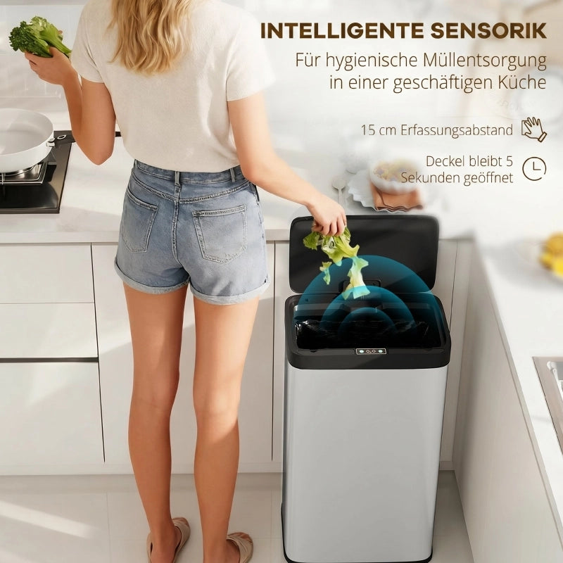 Pattumiera con sensore 45L, coperchio soft-close, movimento automatico, per cucina, camera, ufficio, argento