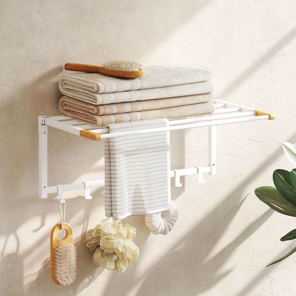 Portasciugamani a Parete Pieghevole 60x32,5x20 cm con 5 Barre e 6 Ganci in Legno e Acciaio Bianco