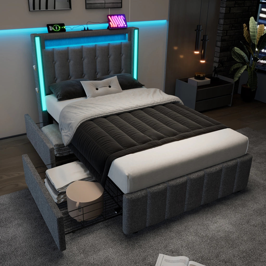 Letto singolo imbottito 90x200 cm grigio con LED, ricarica USB-C e 2 cassetti