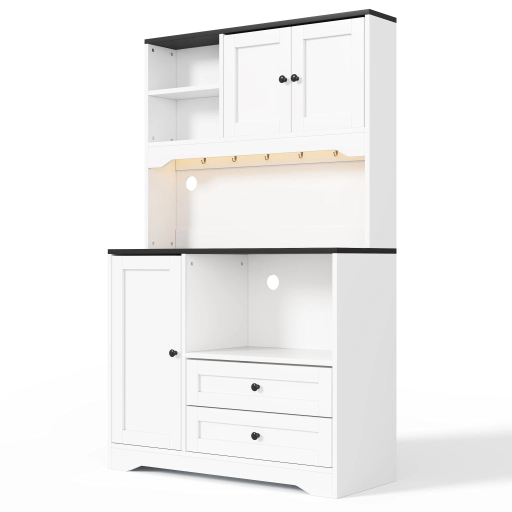 Mobile Dispensa 100x40x163 cm Bianco con LED App, Vano Microonde, 2 Prese, 2 USB e 2 Cassetti