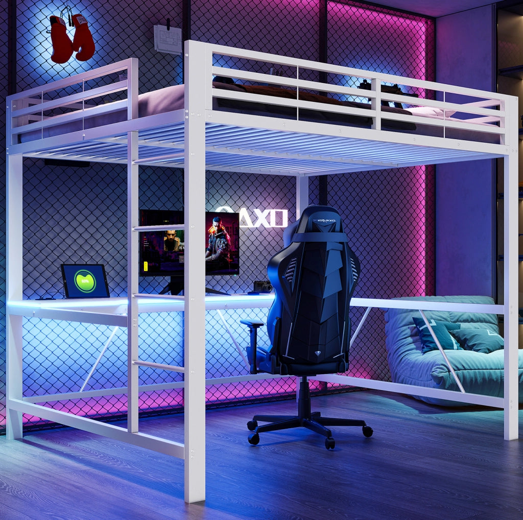 Letto a soppalco gaming 160x200 cm con scrivania e LED; in MDF e metallo; bianco