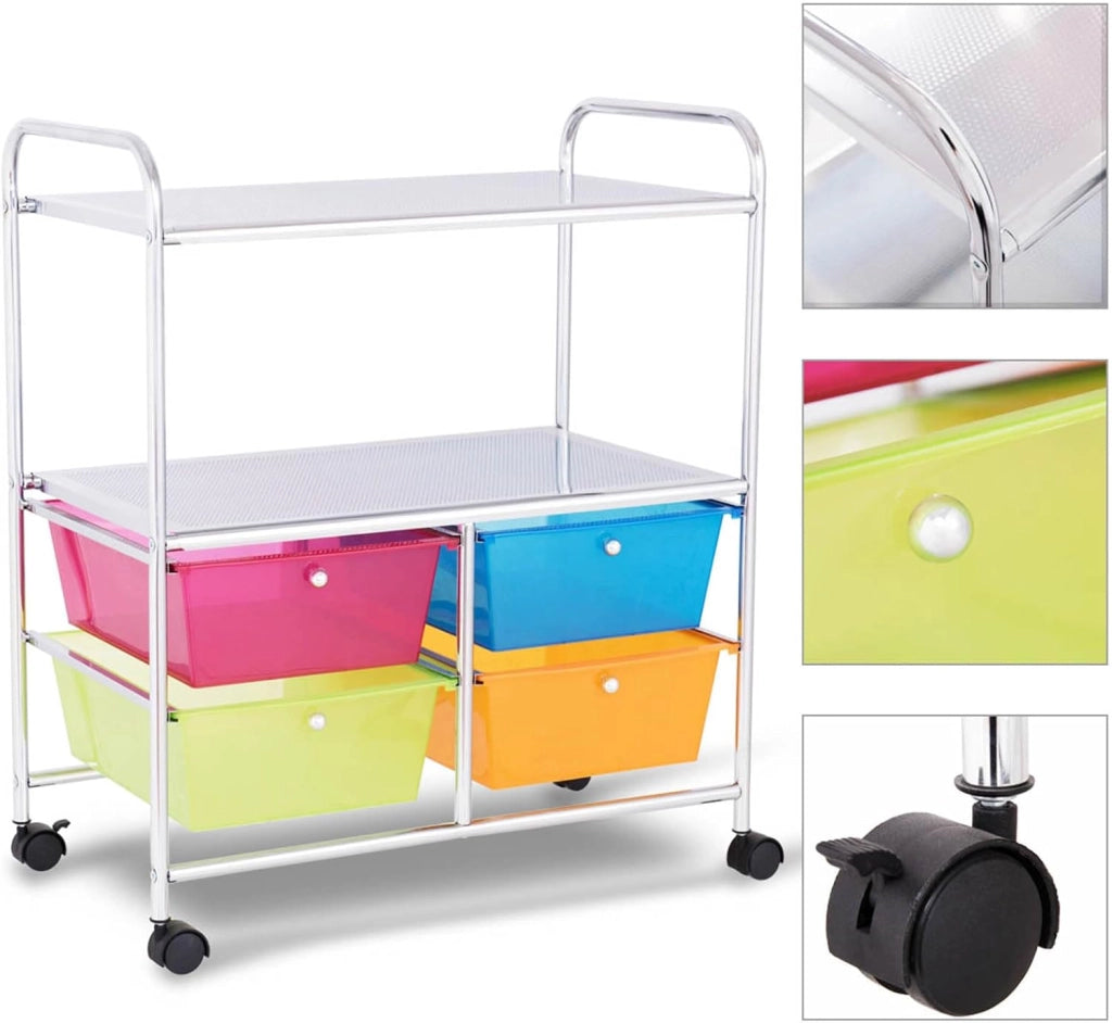 Carrello con 4 Cassetti e 2 Ripiani, Carrello Portaoggetti con Ruote per Cucina Bagno Ufficio, Multiuso, 58,5x37x75 cm (Colorato)