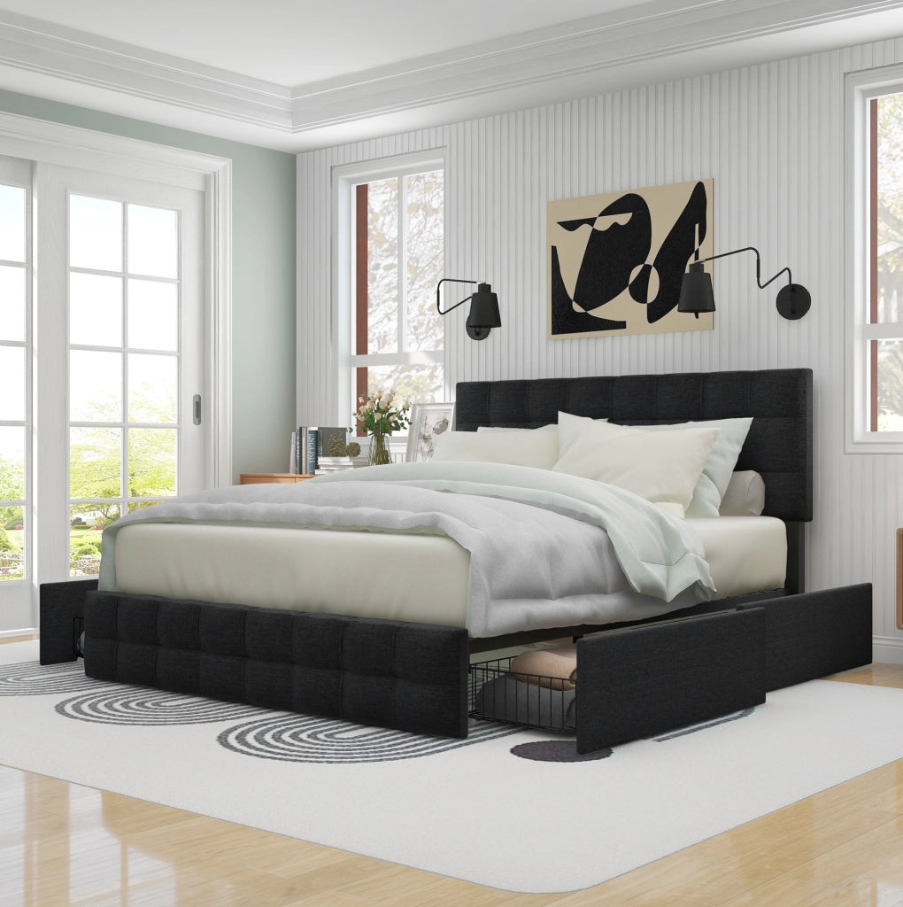 Letto imbottito 140x200 cm con 4 cassetti e testiera regolabile in lino nero
