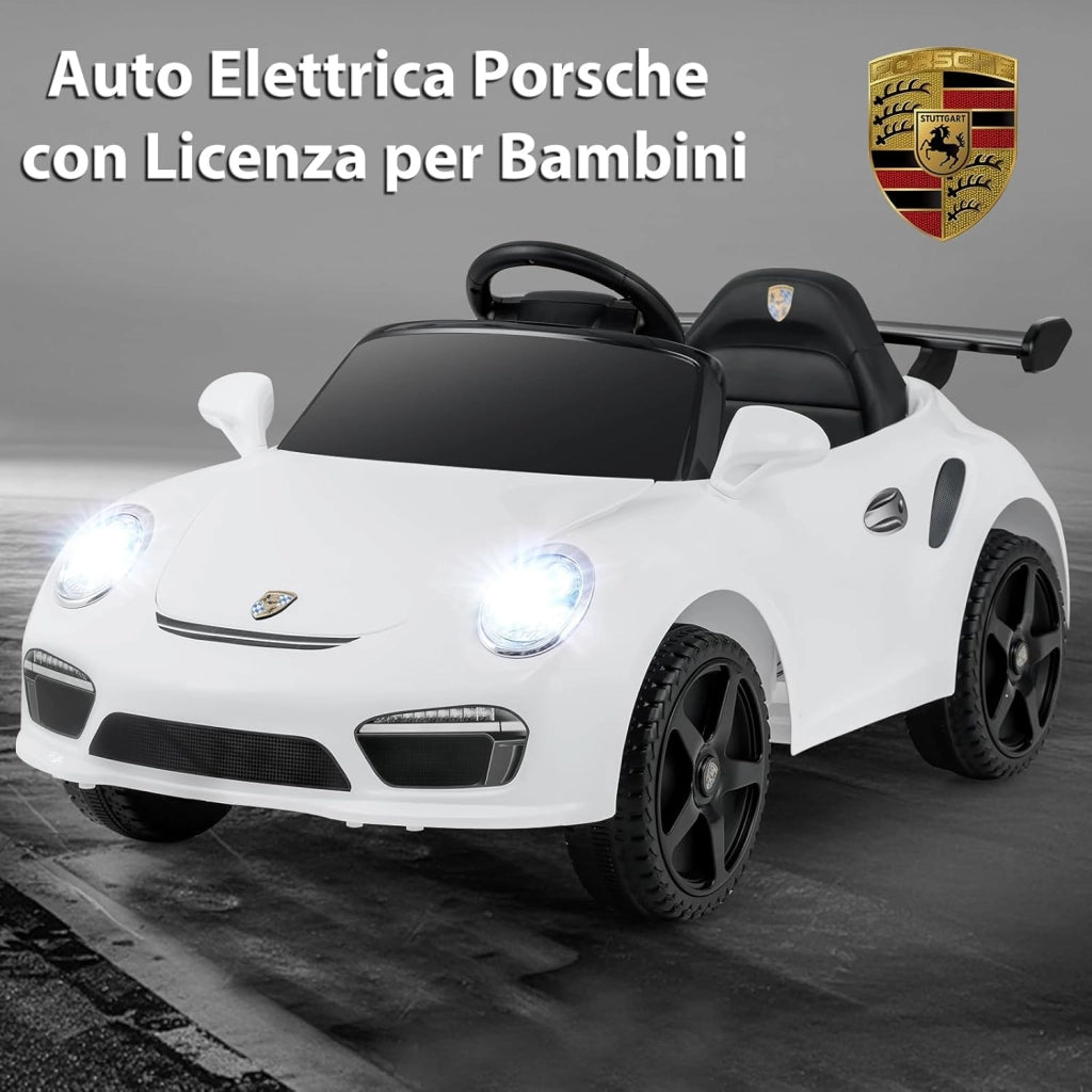 12 V Auto Elettrica per Bambini, Macchina Elettrica Porsche con Licenza Ufficiale, Telecomando, Musica, Luci LED, Clacson e Avvio Morbido, per Bambini 3-8 Anni (Bianco)