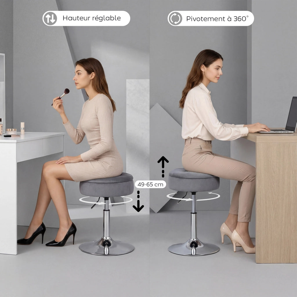 Sgabello da trucco in velluto con rotazione e altezza regolabile ¨C zephmum ¨C grigio 49-65 cm